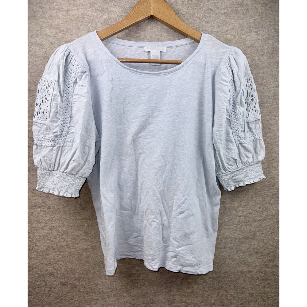 Design History Women's Cotton L Light Blue Puff Sleeve Blouse Crochet Lace boho